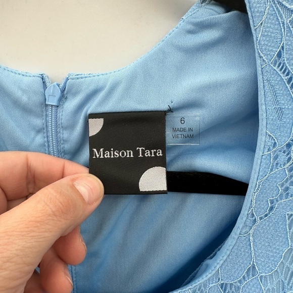 MAISON TARA Lace pleated chiffon midi woman’s cottagecore blue dress. NWT 6 - Picture 6 of 13